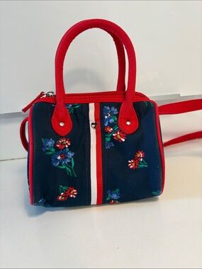 Tommy Hilfiger Red-Trim Navy Floral Mini Satchel with Strap